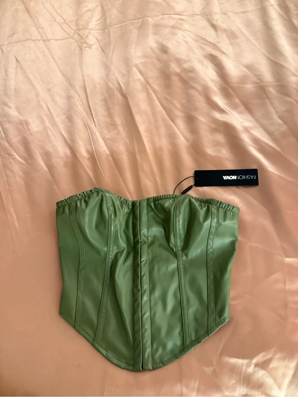 Fashion Nova Olive Green Faux Leather Strapless Corset Top